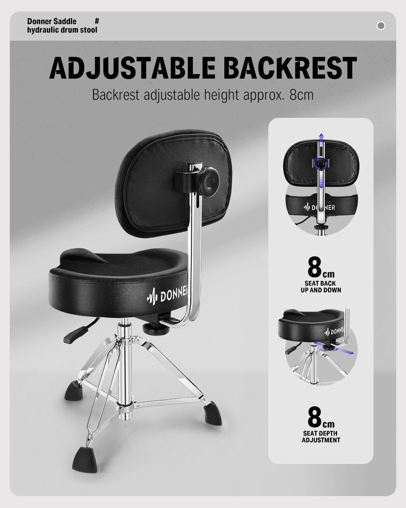 Donner DHT-250 Drum Throne With Backrest Motorcycle Style Stool Adjust Height
