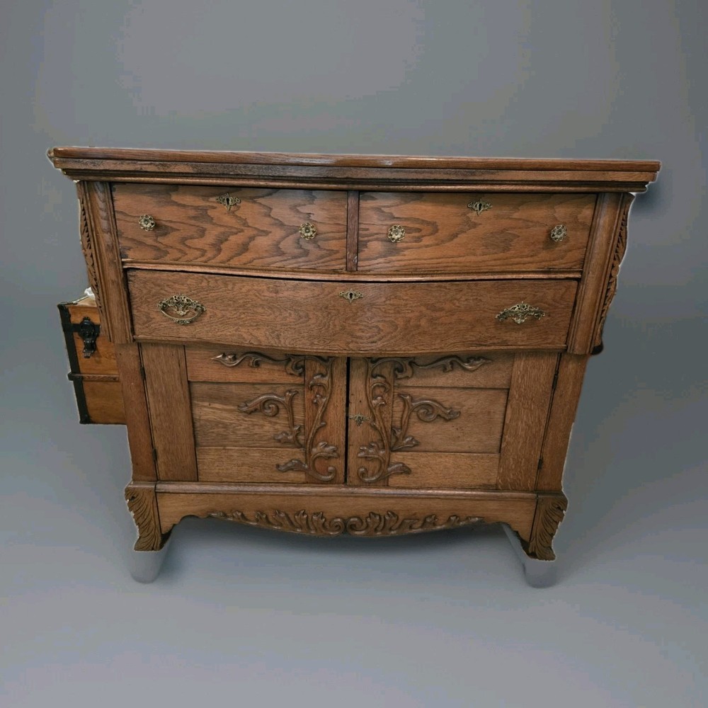 Antique Solid Oak Buffet Sideboard Server Cabinet Carved Wood Vintage