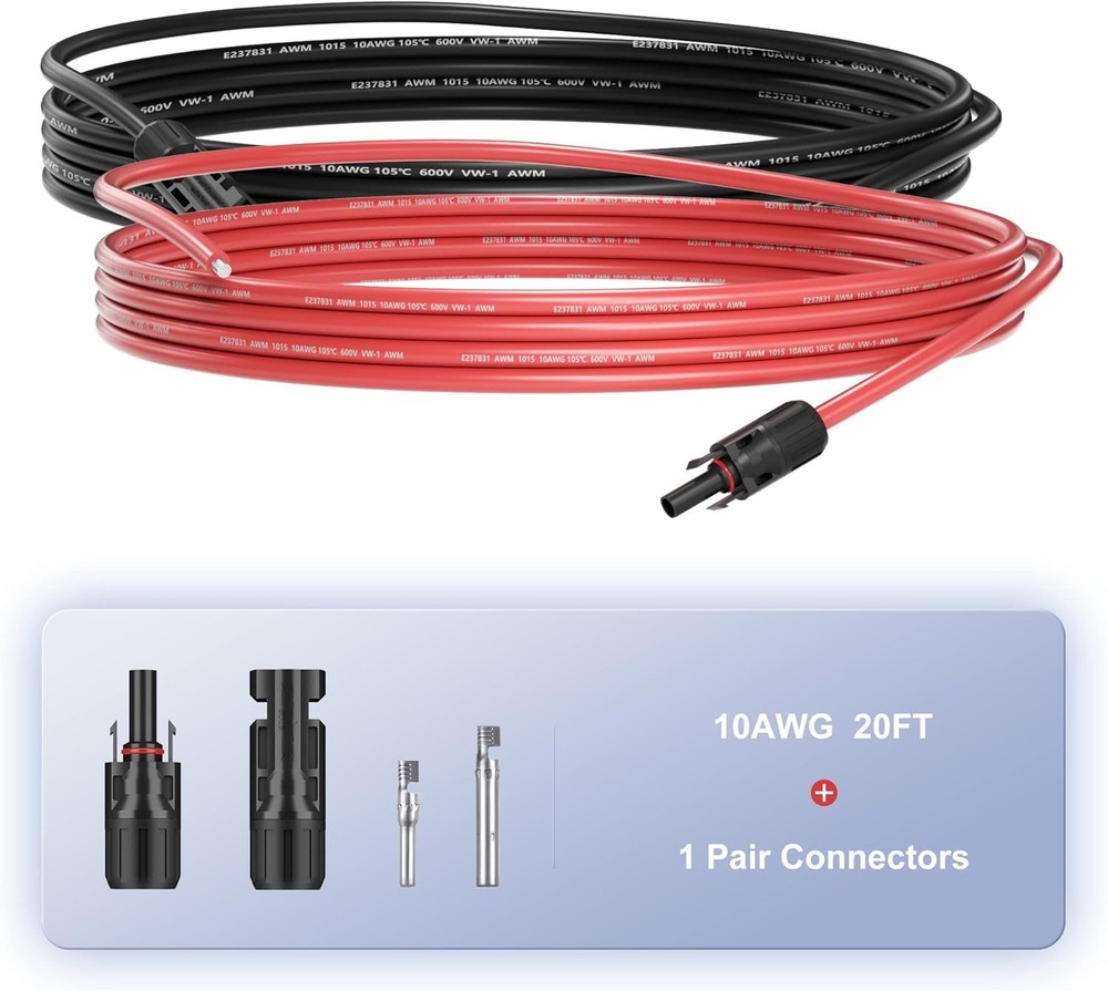 20ft Black + Red 10AWG Solar Panel Extension Cable Flexible Wire Connectors