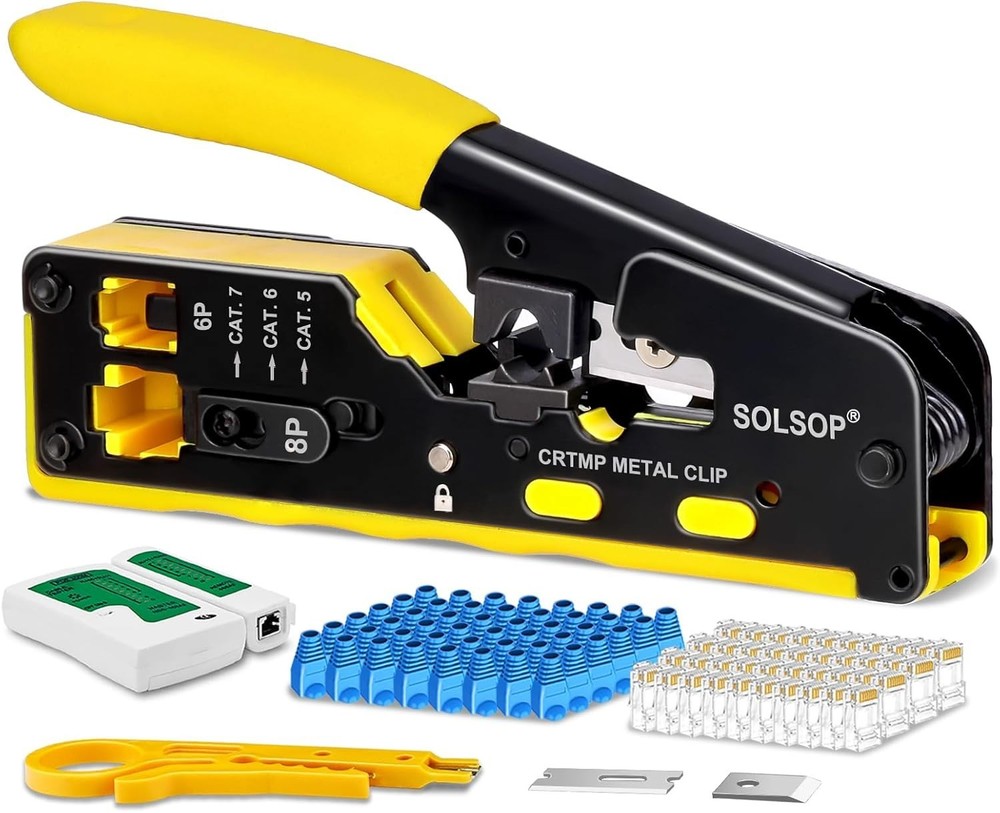 Versatile Pass Through Crimp Tool and Tester Bundle with 50 Pack RJ45 Connectors