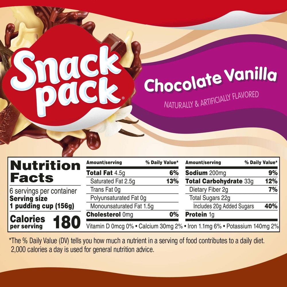 (4 pack) Snack Pack Chocolate Vanilla Flavored Pudding, Super Size, 6 Count
