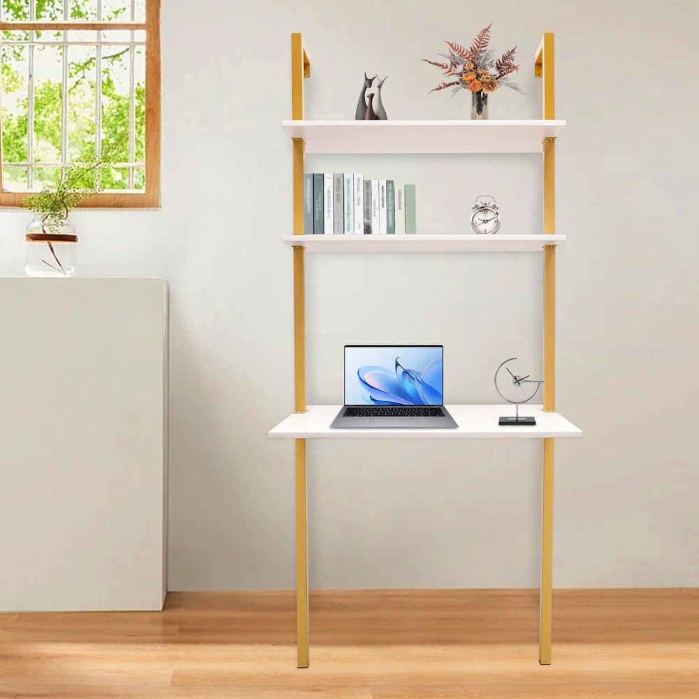 Wall Mount Writing Table 3-tier Computer Desk Storage Home Office w/ Power Strip