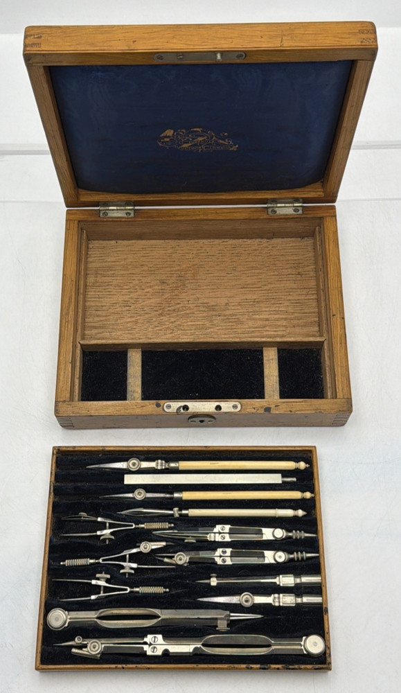 STANLEY LONDON ANTIQUE VICTORIAN ENGINEERING DRAFTING INSTRUMENT SET - OAK CASE