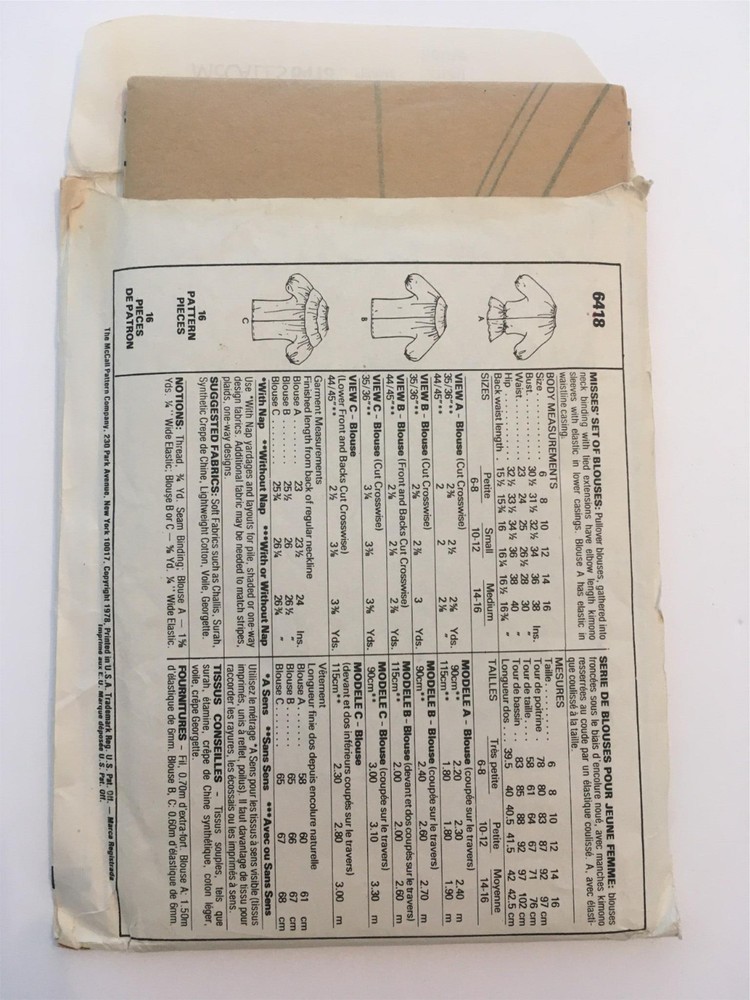 Vintage 1978 McCall Sewing Pattern 6418 sz SM, Pullover Gathered Peasant Blouses