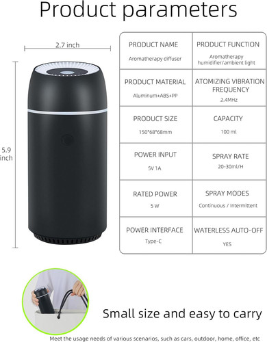 Car Diffuser for Essential Oils Portable Mini Ultrasonic Mist Black