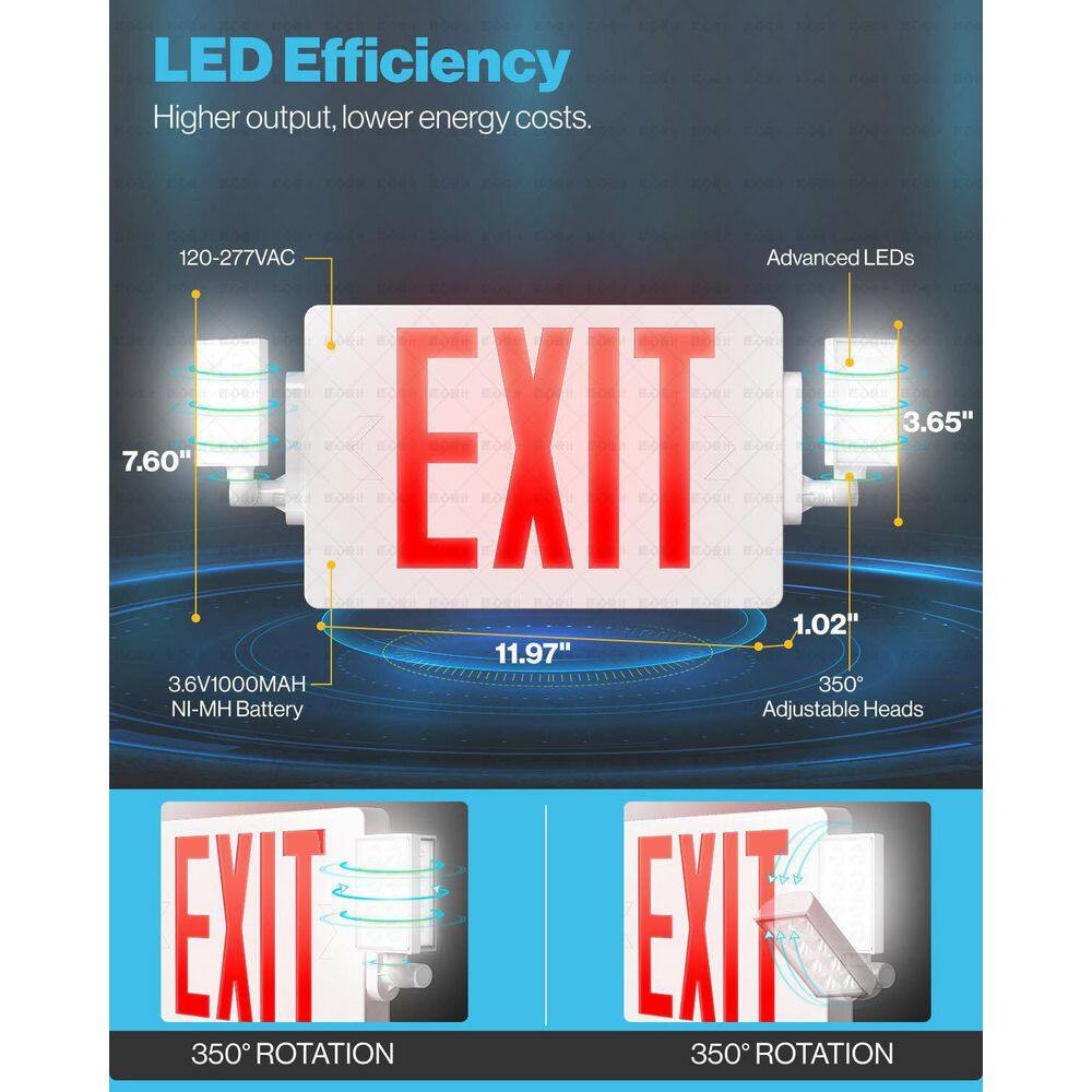 6 In. Red Double Sided Emergency Exit Sign with Adjustable LED Lights Fire Resis