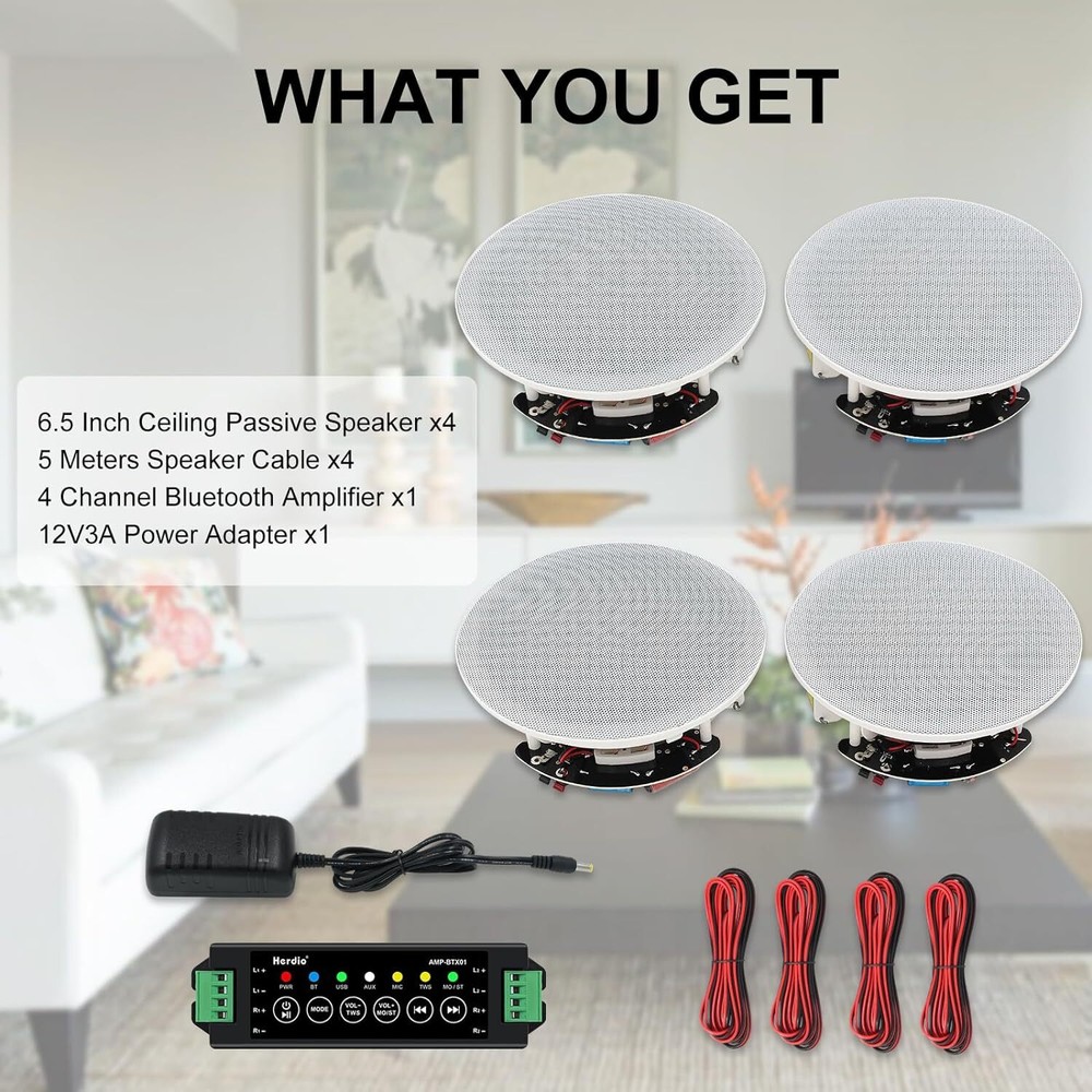 4*Herdio 6.5" Restaurant Cafe Ceiling Speaker Bluetooth Wireless Flush Mount Kit