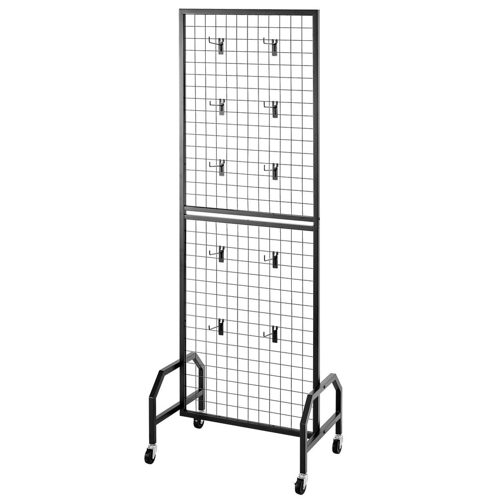Grid Wall Panel 1.9x5.4ft, Black Carbon Steel, 10 Hooks & Locking Casters