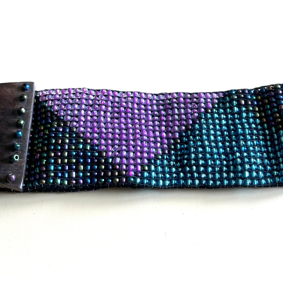 Hand loomed glass bead belt wood scroll triangles