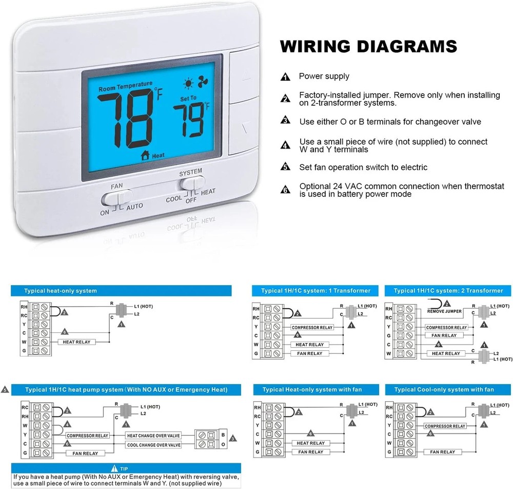 Non-Programmable Thermostat Single Stage 1H/1C Large Blue LCD Temp Humidity
