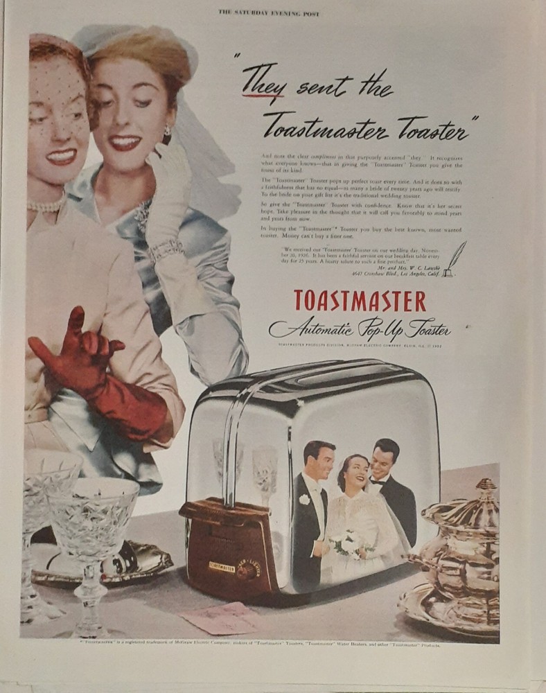 Vintage 1952 Toastmaster Automatic Pop Up Toaster Print Ad