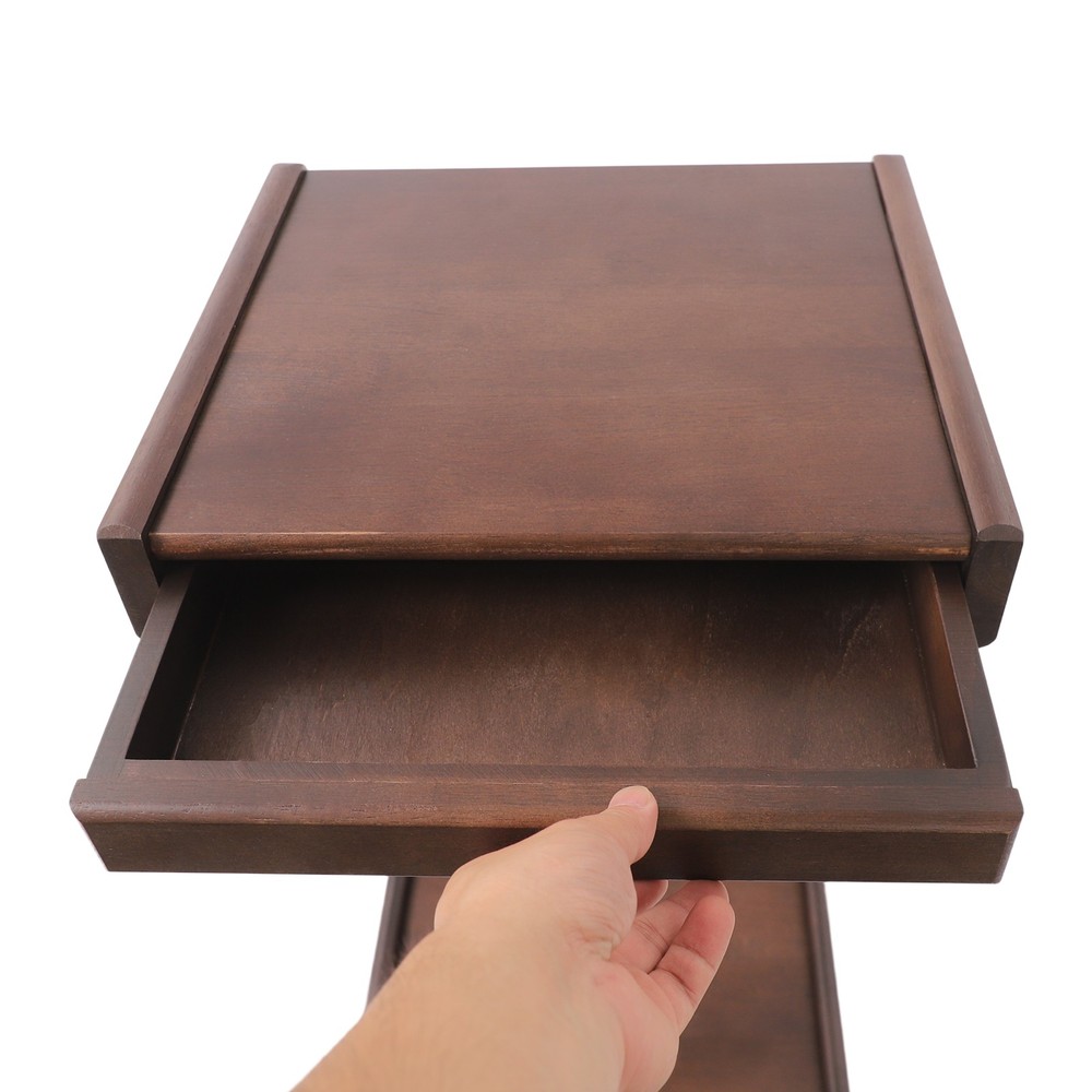 2-Tier Solid Wood C-Shaped Side Table with Drawer and Lockable Wheels