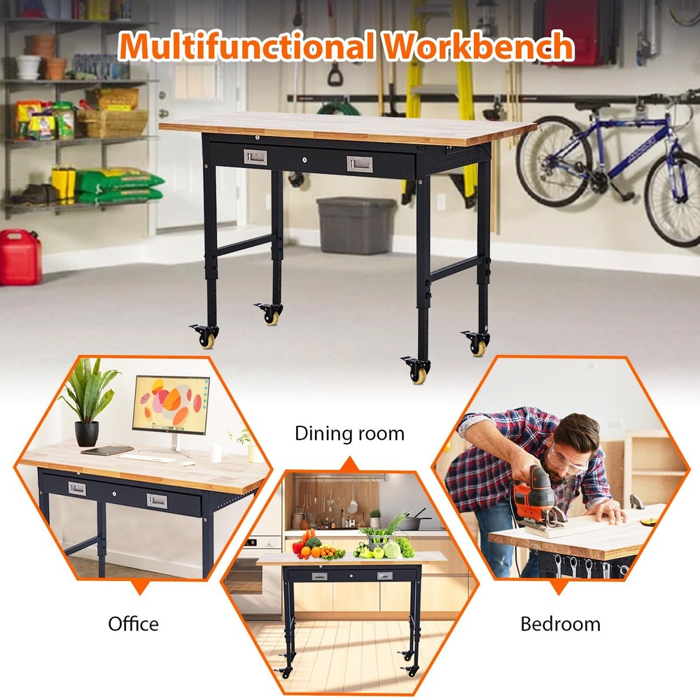60" Workbench with Drawer Storage Adjustable Height Worktable for Garage Wheels
