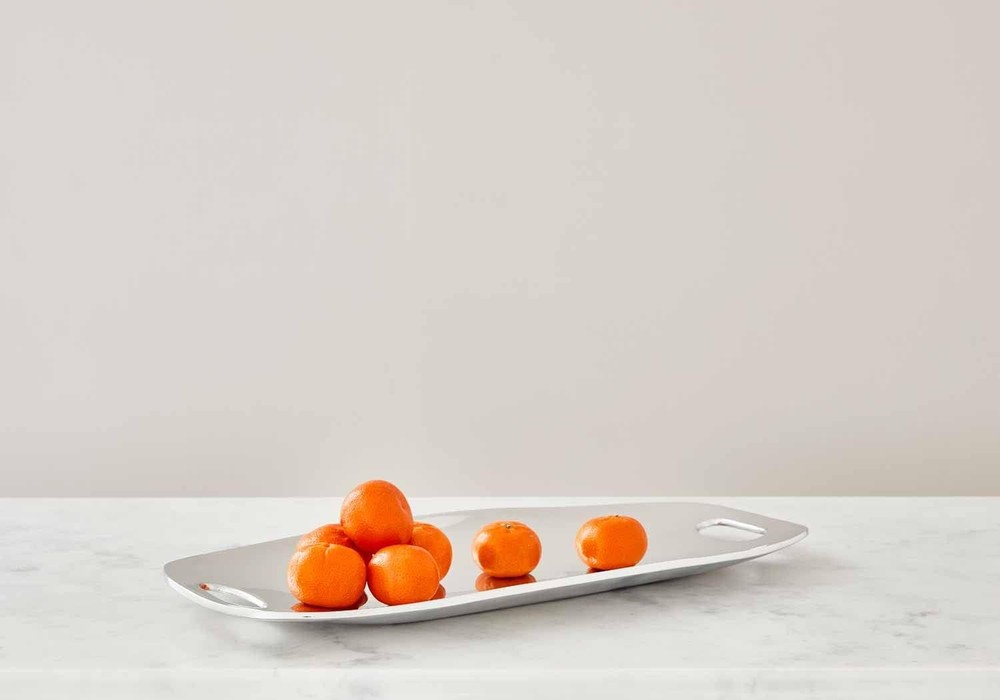 Nambé Handled Tray - Modern Rectangular Serving Platter with Curved Sides & Cut-