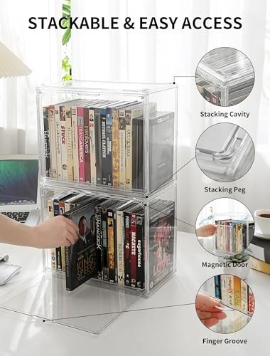 Stackable DVD Storage Box - 2-Pack Clear Organizer for CDs, Blu-ray, Video Games