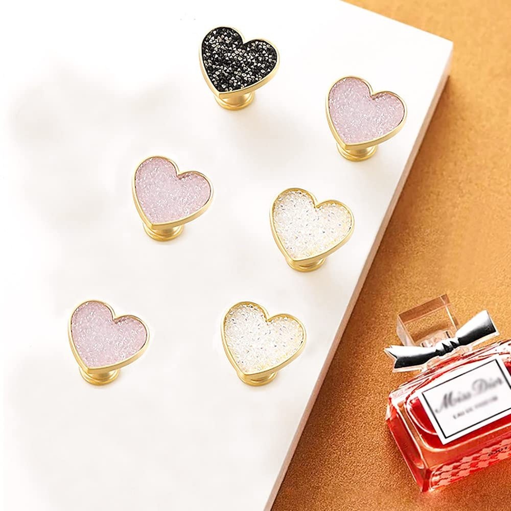 4Pcs Golden-Brass-Heart-Drawer-Knobs, White-Crystal-Cabinet-Knobs, Gold-Coppe...
