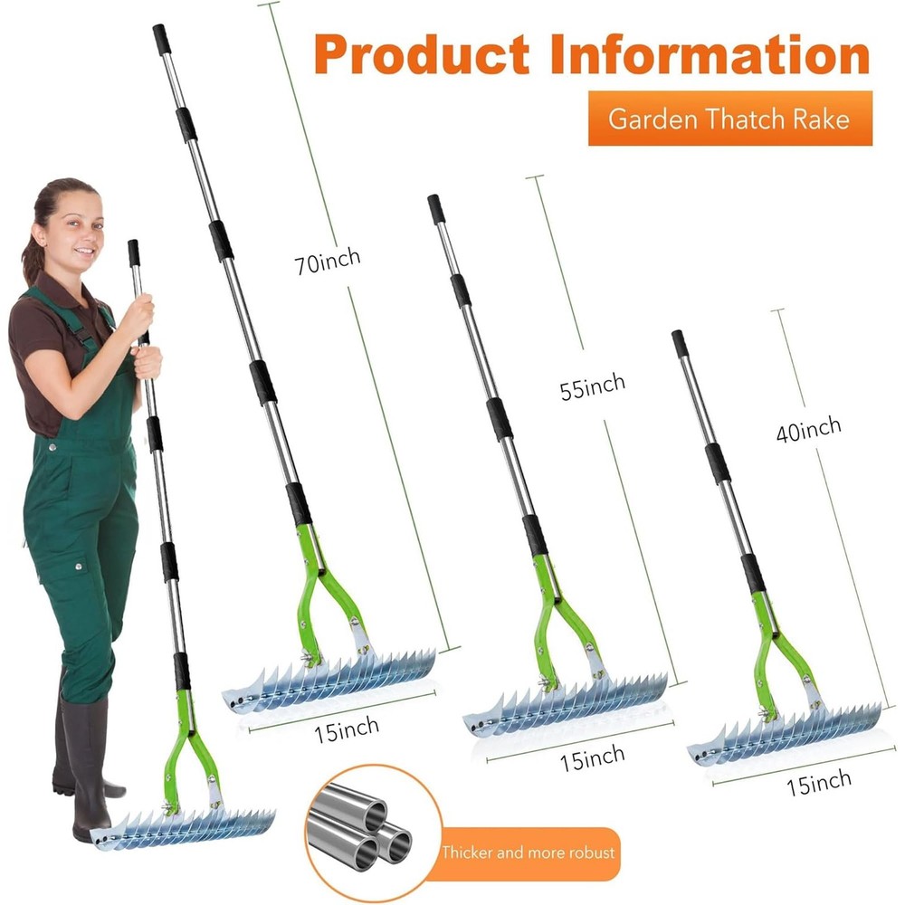 15 Inch Thatch Rake Lawn Dethatcher Dead Grass Remover Adjustable Handle