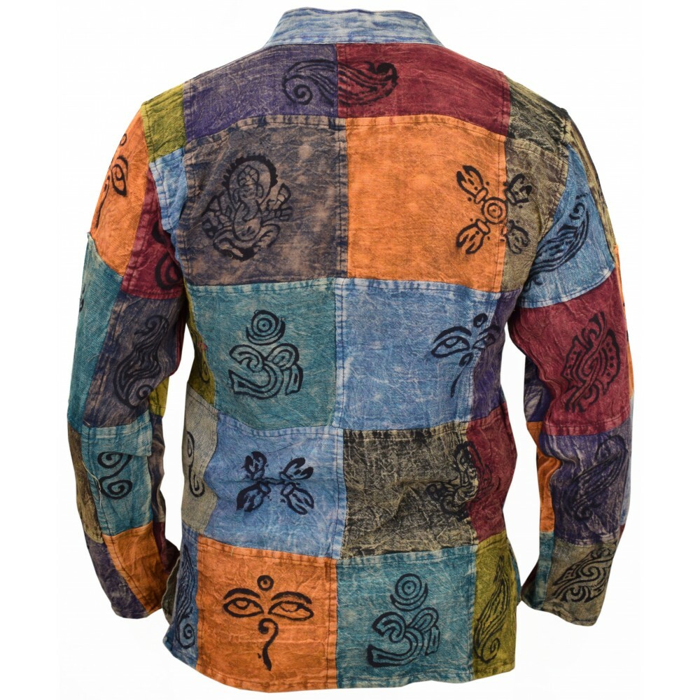 Hippie Patchwork Grandad Stonewashed Cotton Natural Psychedelic Shirts Kurthas