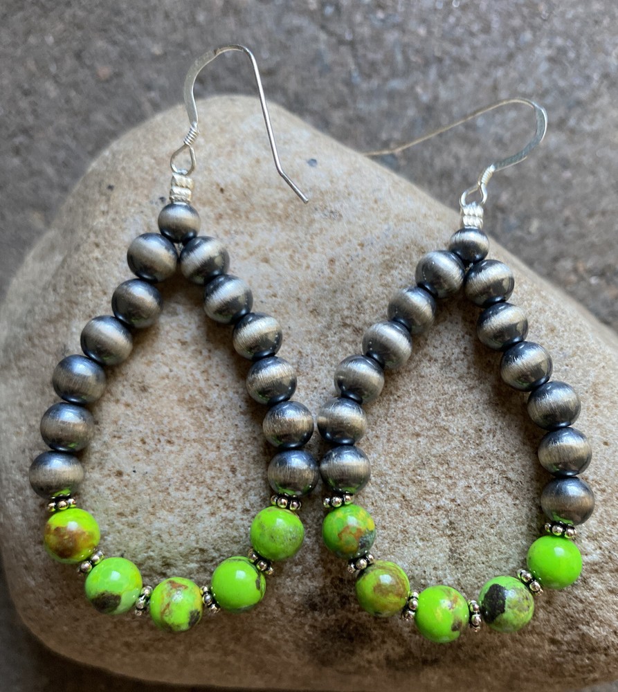 Sterling Silver Green Turquoise W Pearls Bead Loop Earrings.