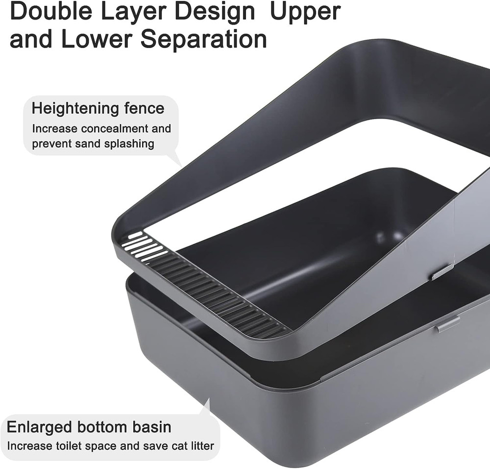Cats Litter Box Low: Open Sifting Design -Tracking Space Saving - Grey Small Lit