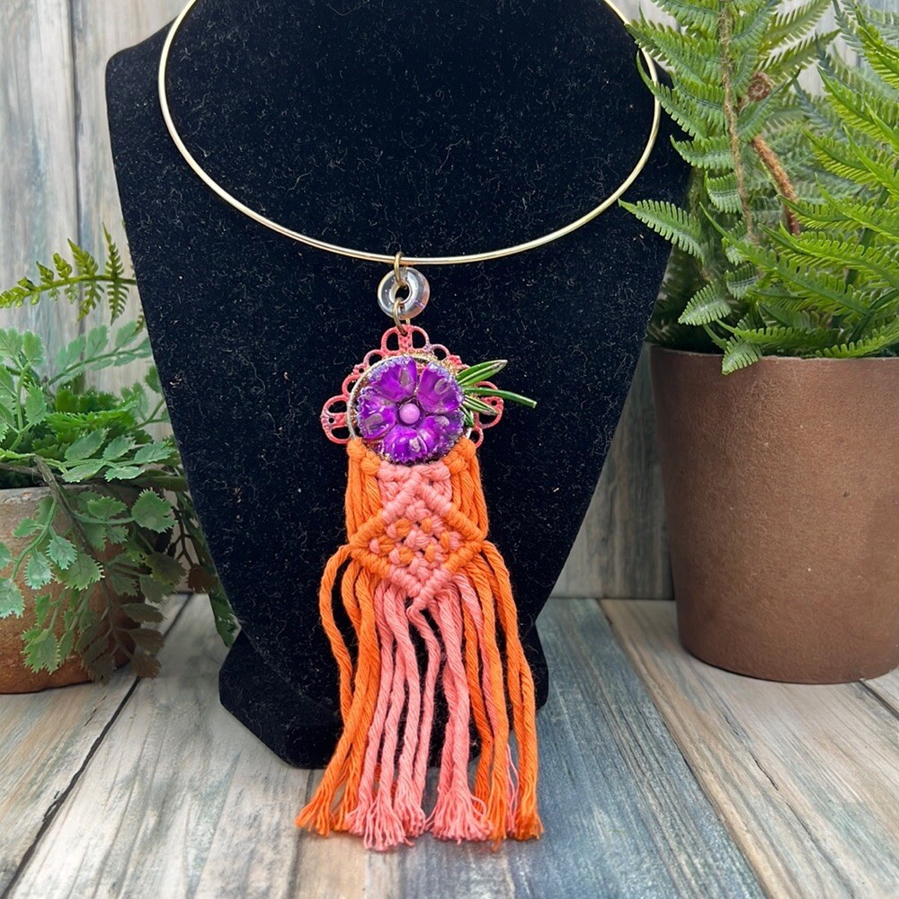 Adorned Crown Artisan Assemblage macramé enamel flower collar necklace