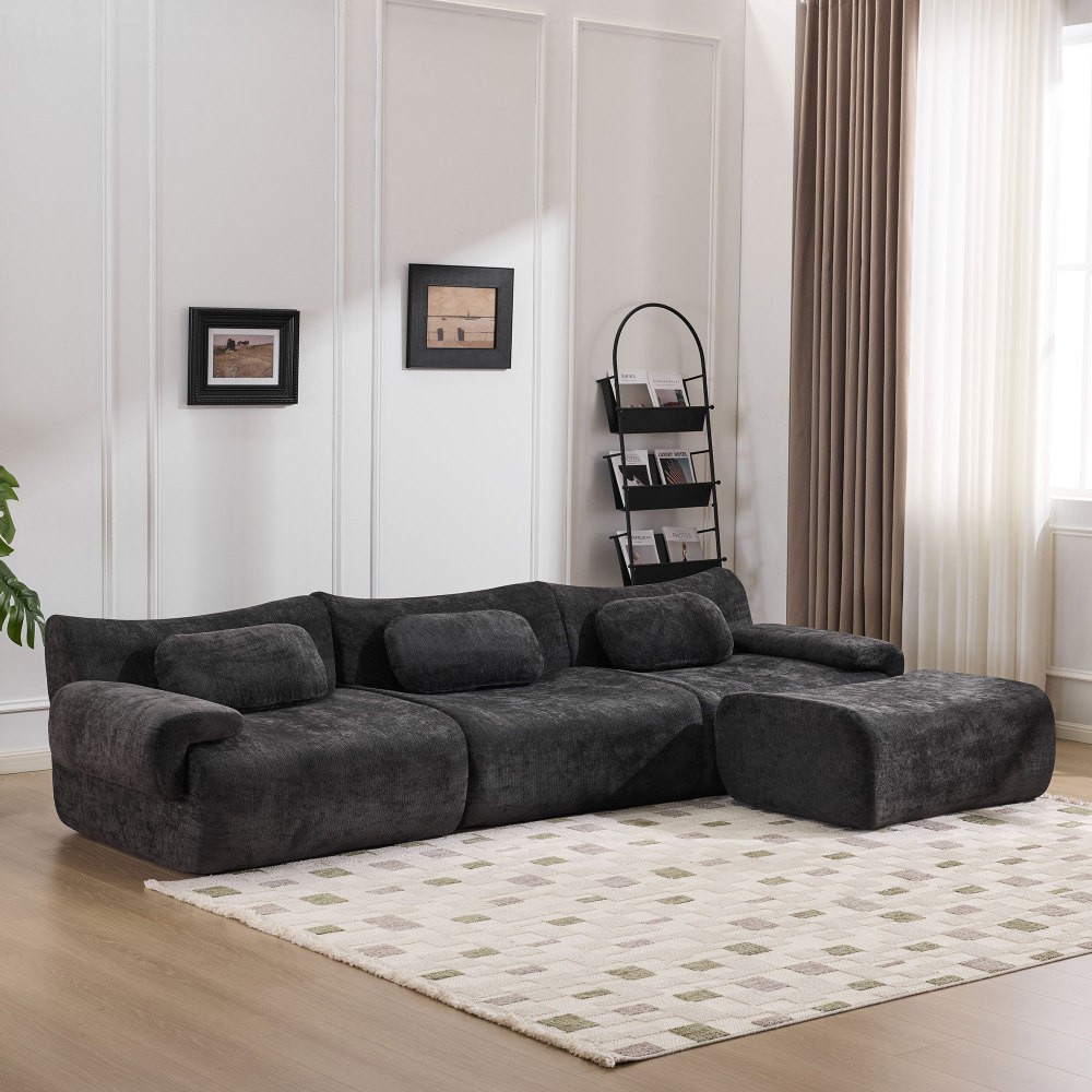 Modular Chenille Sofa 3-Seat Cushion Back Modern Upholstered Sectional, Black