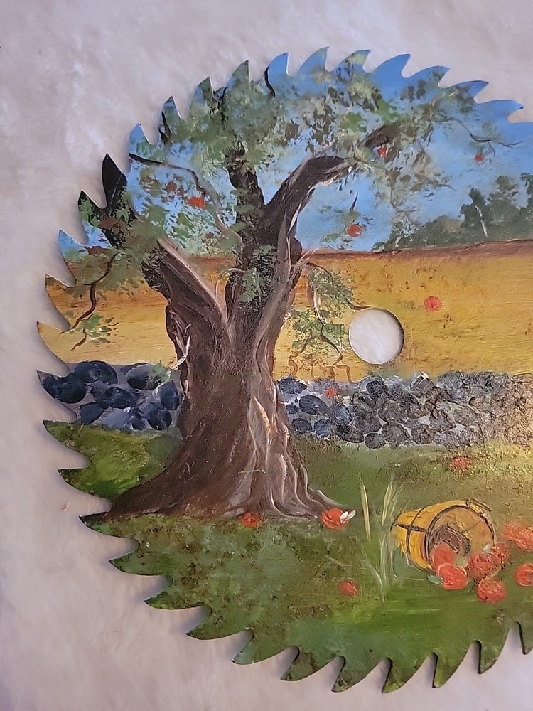 Hand Painted Circular Saw Blade Tree Apple Scene