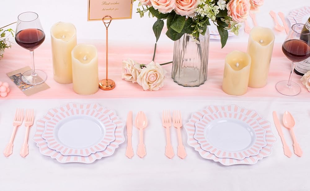 Disposable Pink and White Stripped Plastic Plates and Sierware