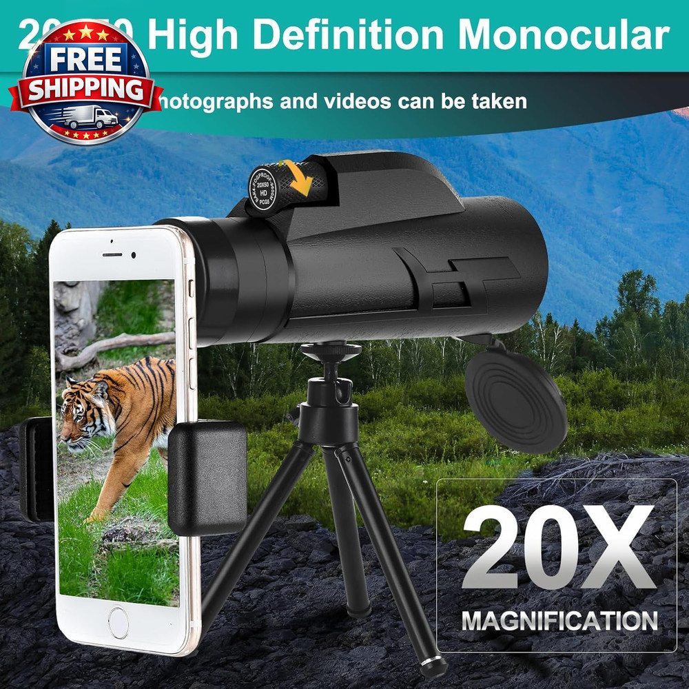 20X50 HD Monocular with Phone Adapter, Tripod & Case - Multi-Coated Optics