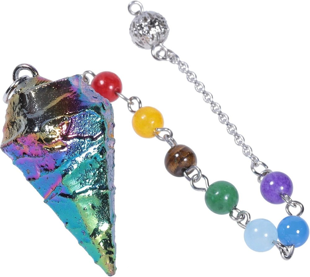Handcrafted Chakra Healing Pendulum with Rainbow Titanium Coating & Gift Pouch