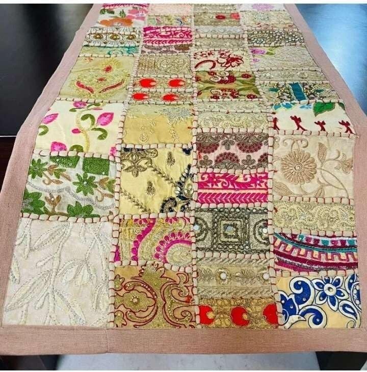 Indian Cotton Patchwork Table Runner Embroidered Dining Table Tapestry 152X45 cm