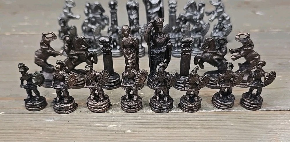 Solid Cast Metal Roman Chess Pieces - Complete 32pc Set - Elephant Rooks