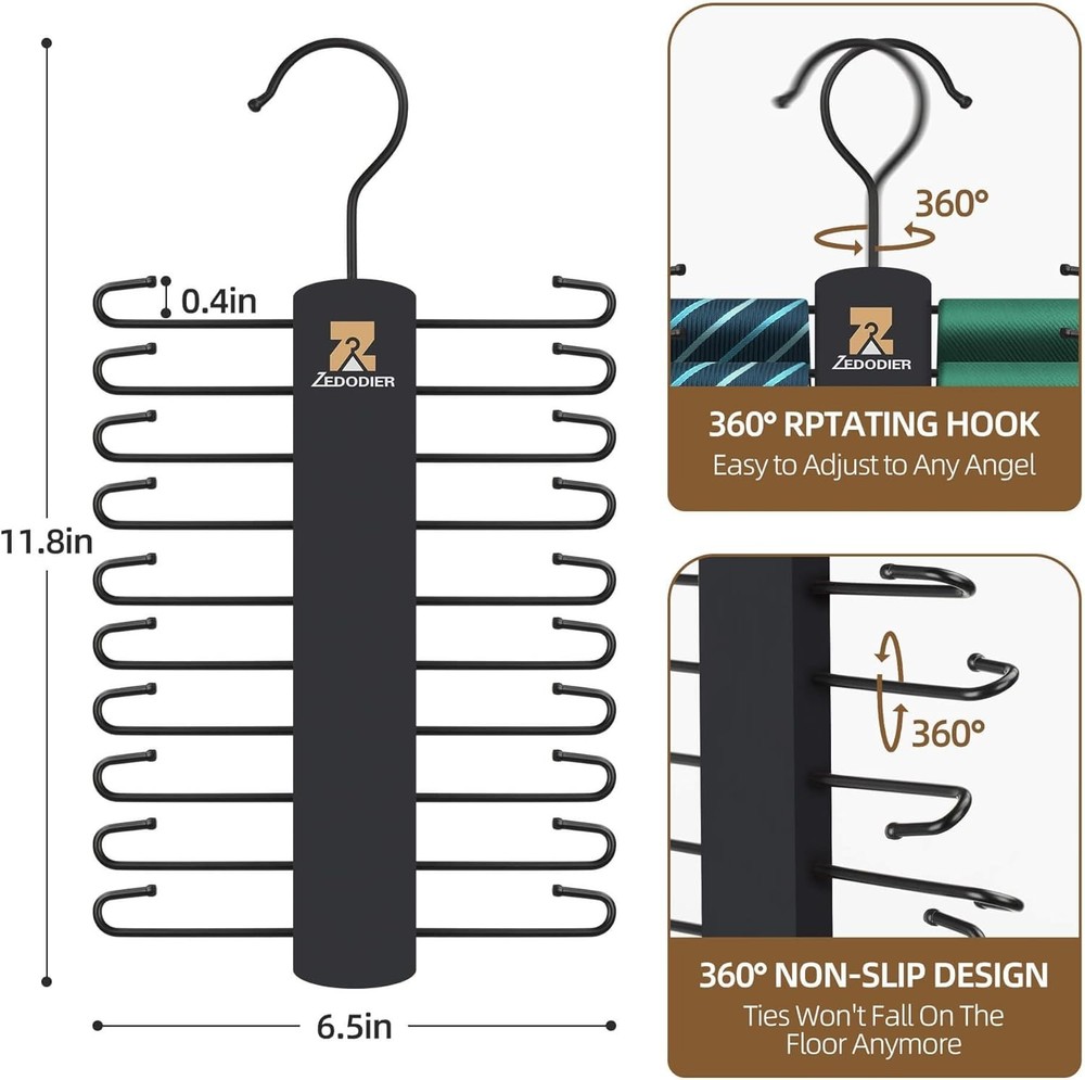 2 Pack Tie Hanger With 40 Hooks Space Saving Necktie Organizer Large Black