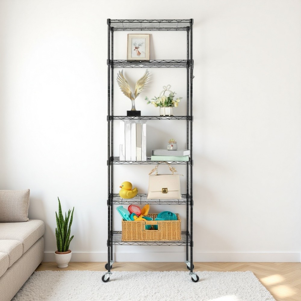6-Tier Rolling Wire Shelving Unit - Heavy Duty, Modular, Adjustable & Black