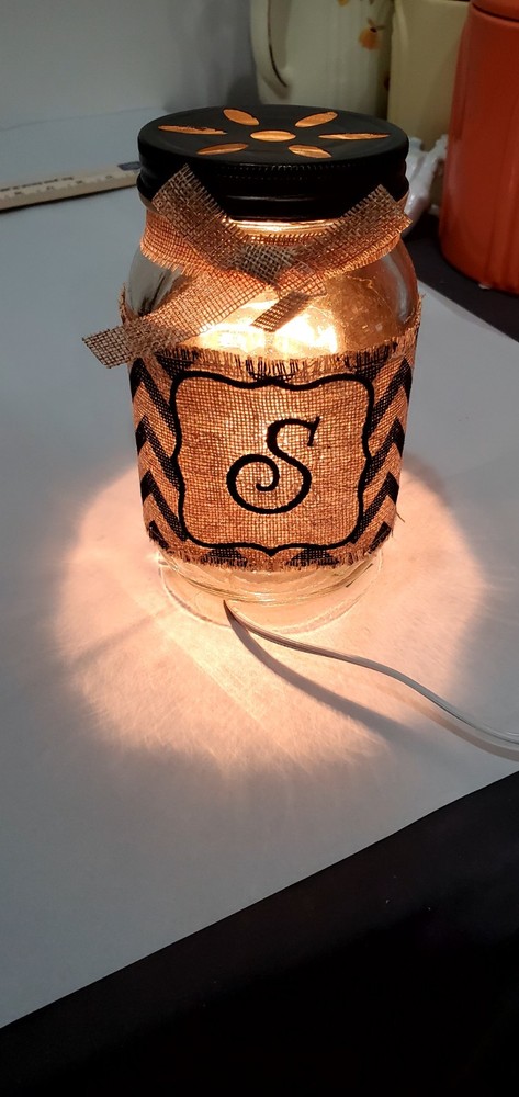 Mason Jar Night Light Rustic Burlap Farmhouse Decor Monogram Letter S Initial