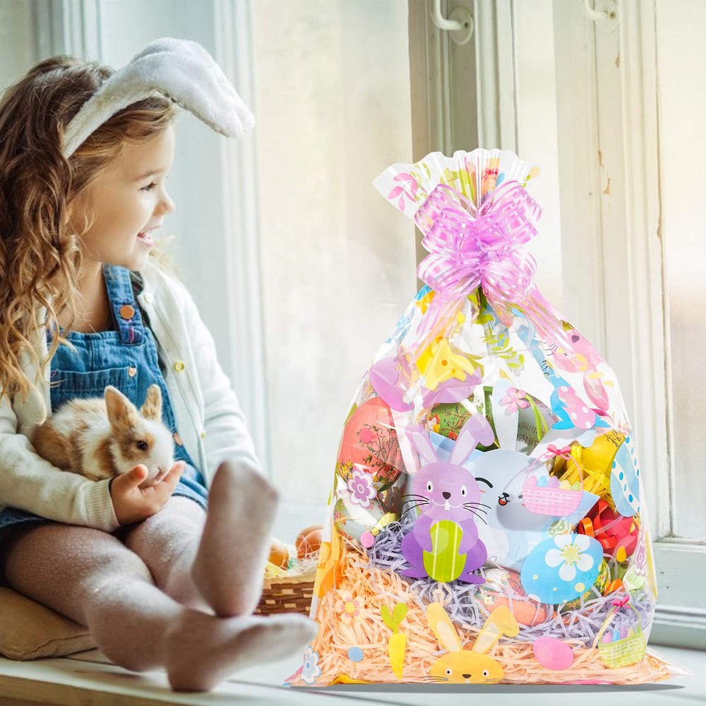 40pcs Easter Cellophane Bags Pull Bow Set 20 pcs Easter Basket Bags Wine Bott...