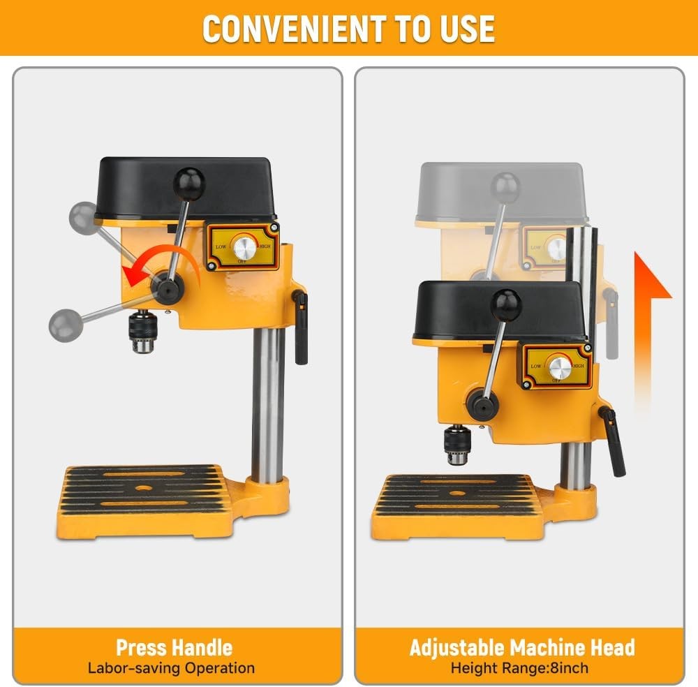 Hoteche Variable Speed Mini Benchtop Drill Press with 1/4-Inch Chuck, Yellow