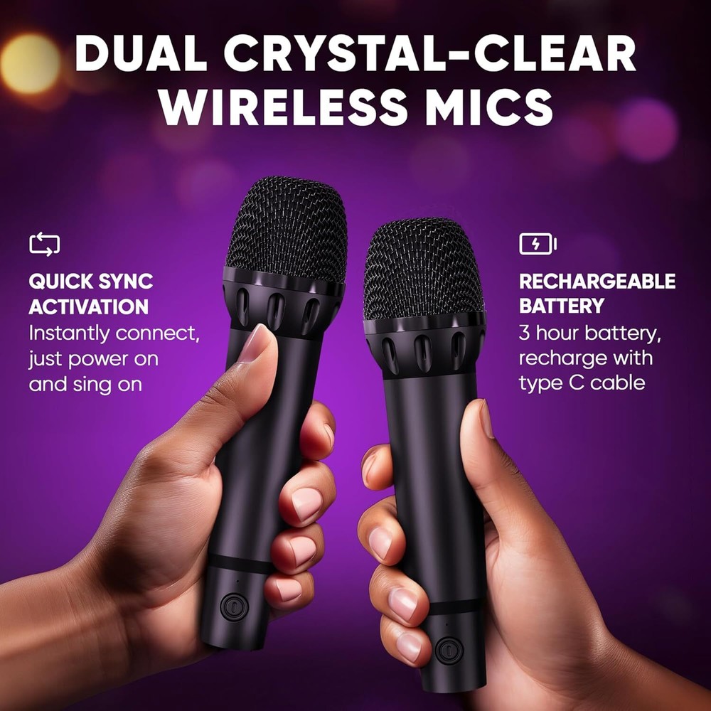MASINGO Sonoro G5 Karaoke Machine – 2 Wireless Mics, LED Lights - Black