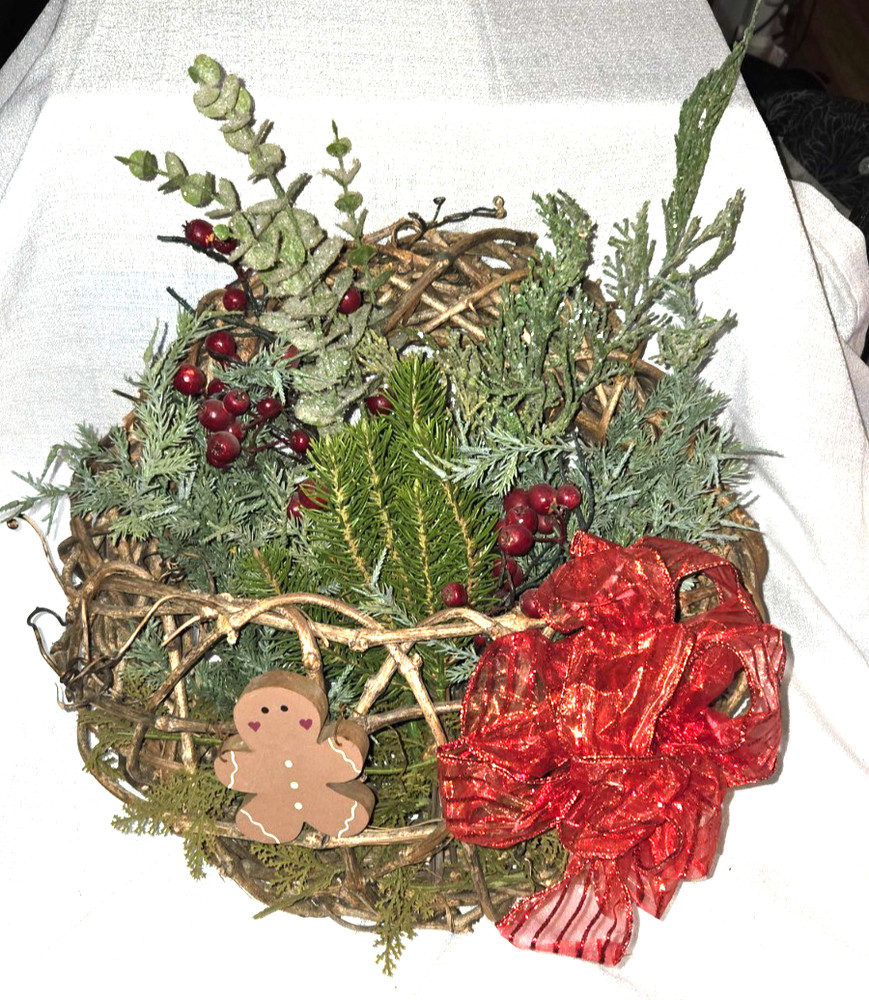 Christmas Grapevine Wreath w/ Red Bow, Berries, Greenery & Gingerbread Rustic