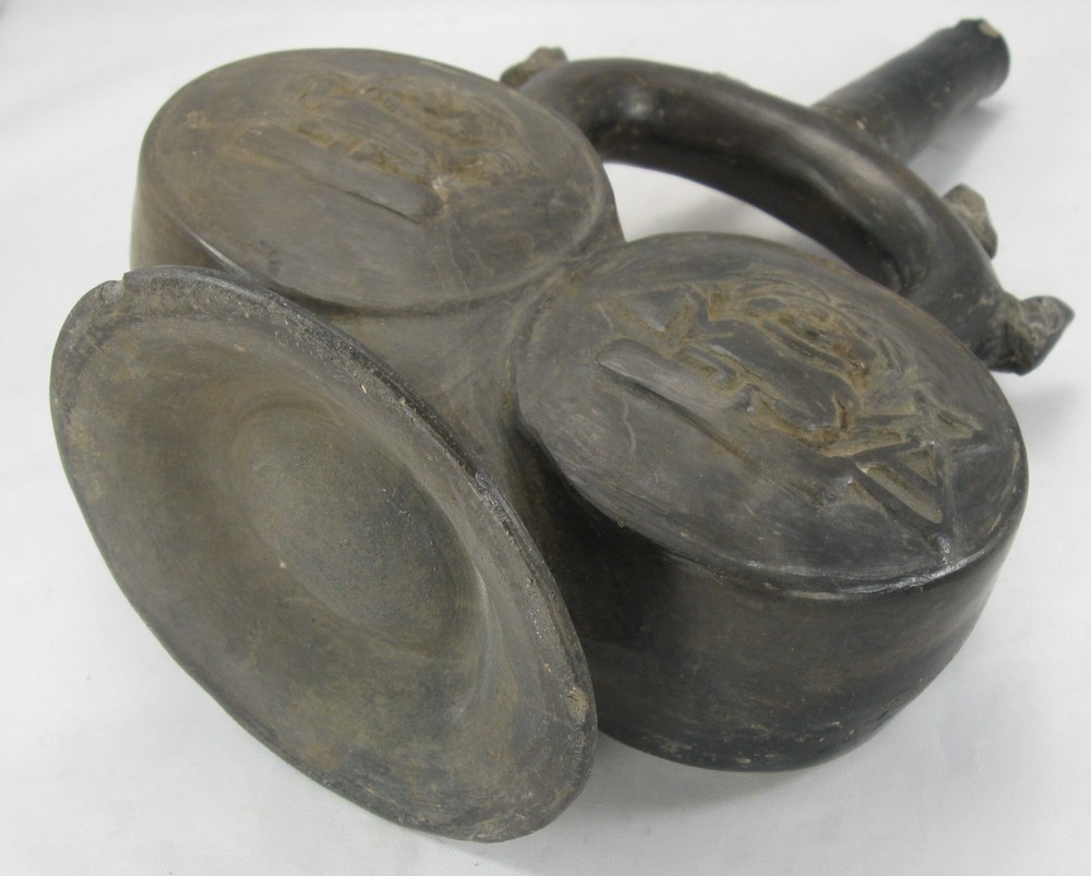 Chimu Blackware Stirrup Bottle with Double Chamber, Inca Influence, Frogs