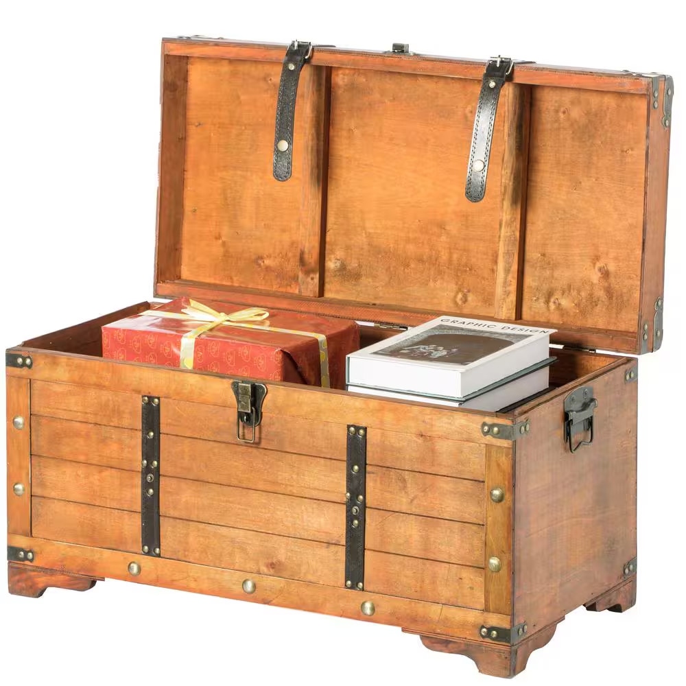 Brown Rustic Large Wooden Storage Trunk with Lockable Latch