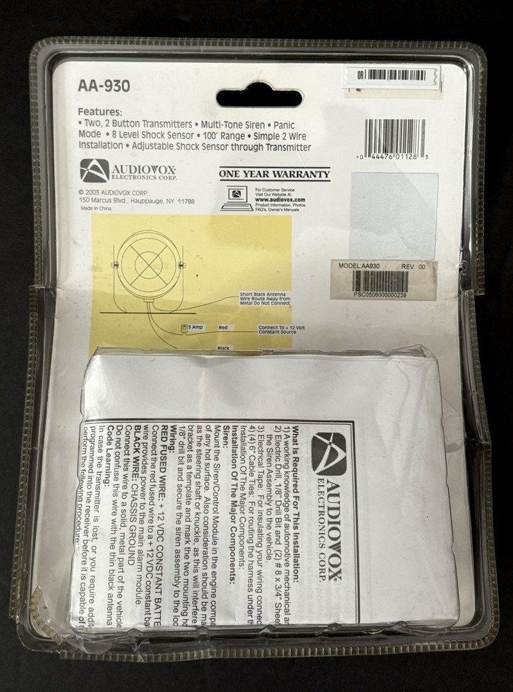 Audiovox Remote Security System Simple 2 Wire Installation 100-Ft Range AA930