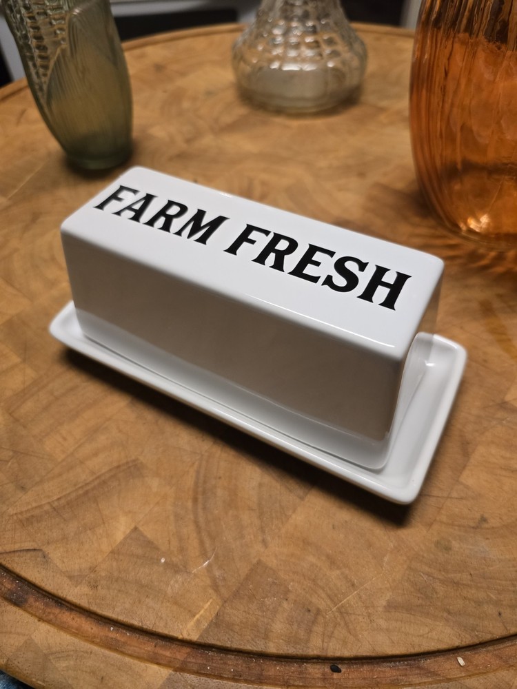 White Ceramic Butter Dish, "Farm Fresh"