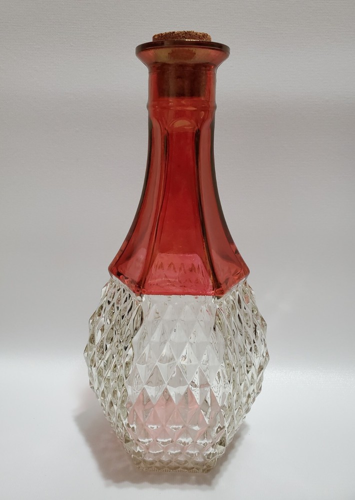Vintage Indiana Glass, Ruby Flashed Diamond Point Clear Decanter, Cork Stopper