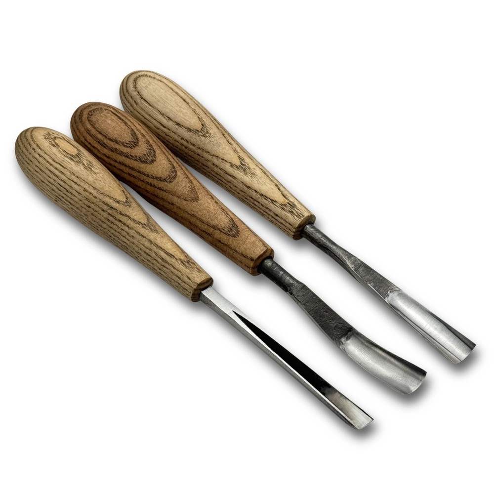 Wood Carving Tool Set 3-Piece – 52100 Steel Blade, Ash Handle, V-Chisel & Gouges