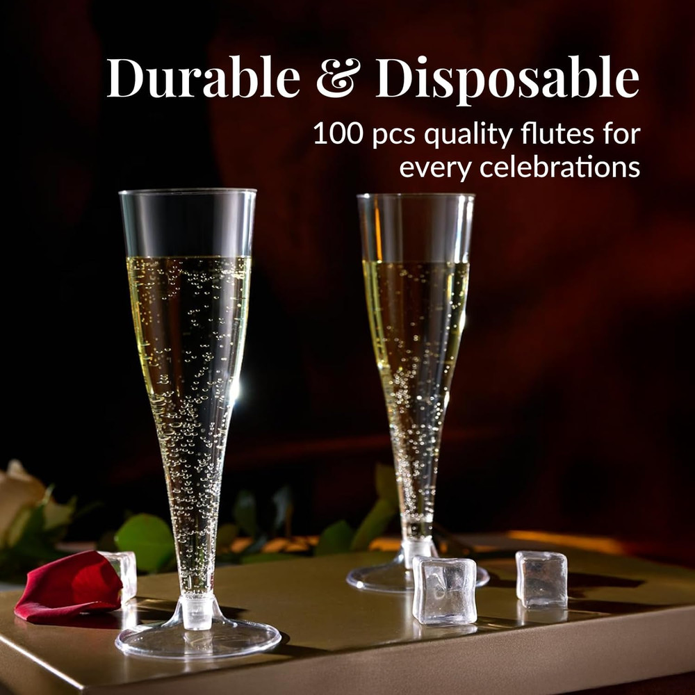 100 Pack Clear Plastic Champagne Flutes - 4.5 Oz Durable Disposable Champagne Gl