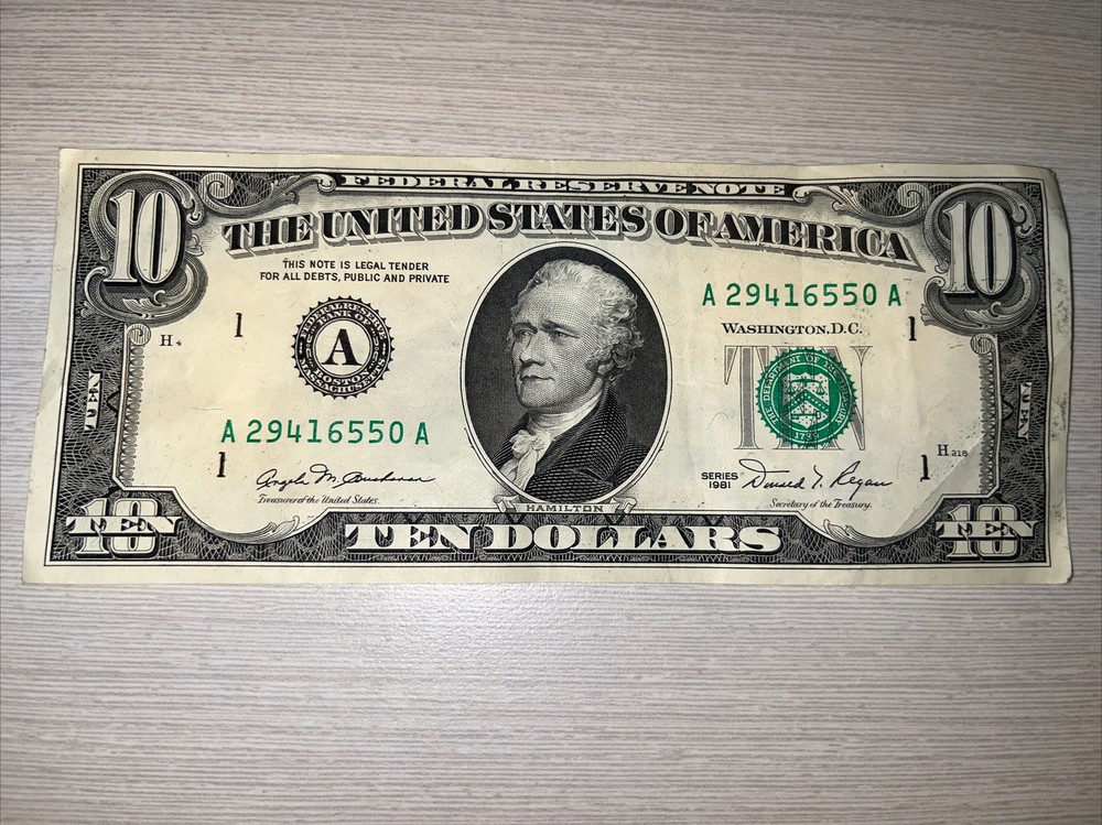 Series 1981 Ten Dollar bill Possible Ink Error, A29416550 A, Error Bills