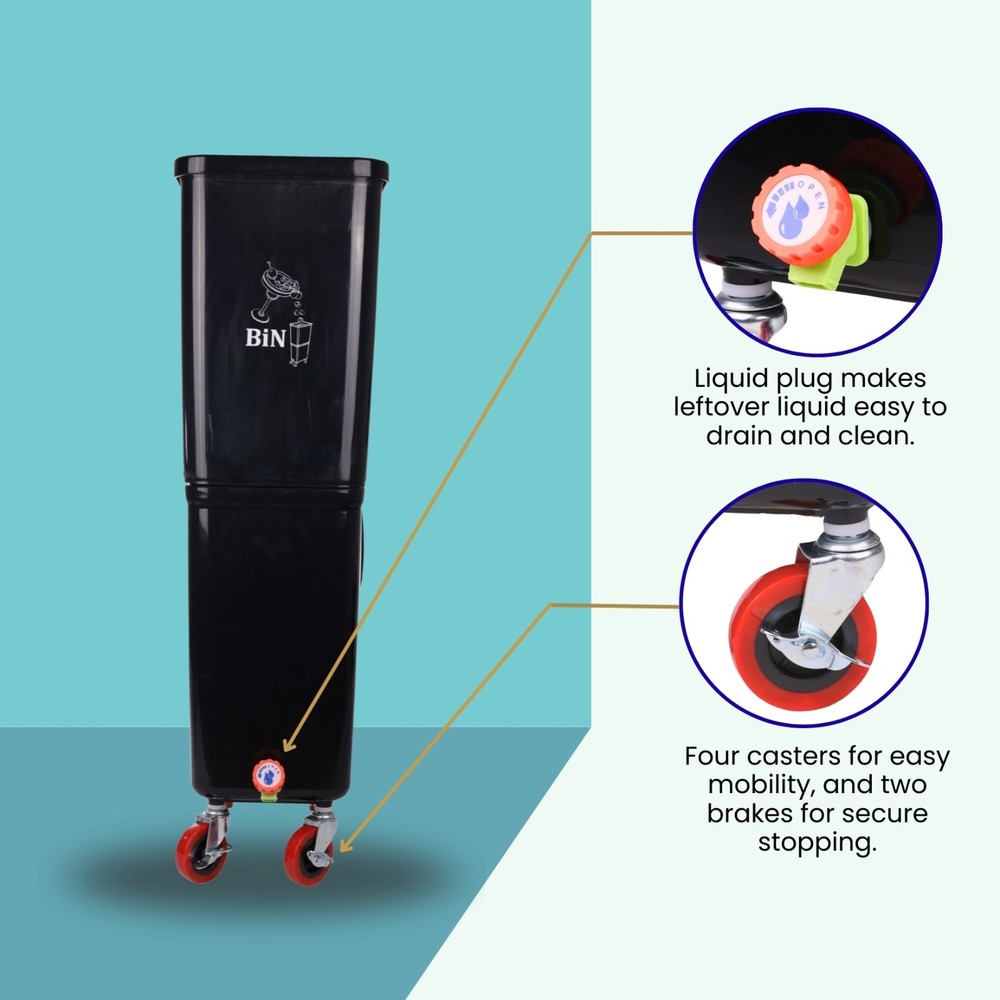 Black Drink Dump Bin w/ Wheels – Dual Compartment Liquid & Trash Disposal