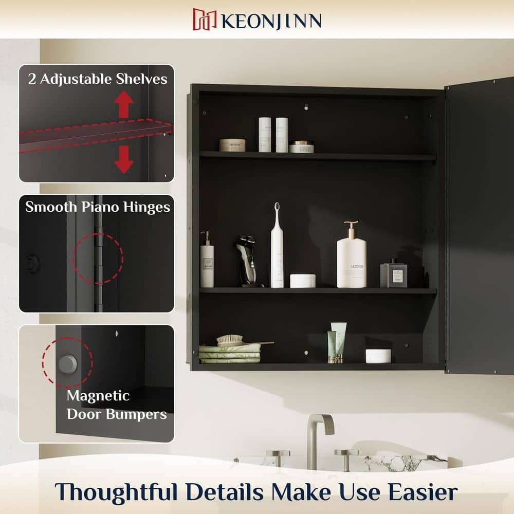 KeonJinn 21" W x 27" H Rectangular Black Beveled Surface Medicine Cabinet