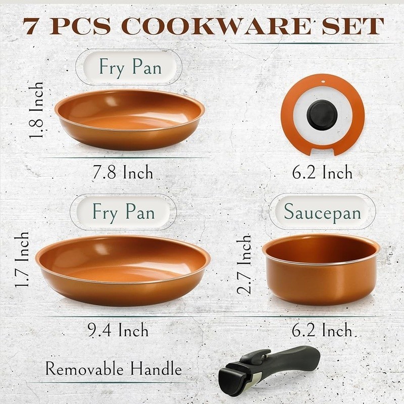Nonstick Copper Pots & Pans Set Removable Handle Stackable Cookware 7 Pcs New